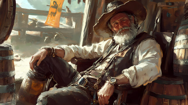 Experienced moonshiner taking a break from working on his still. Moonshade. Illustration