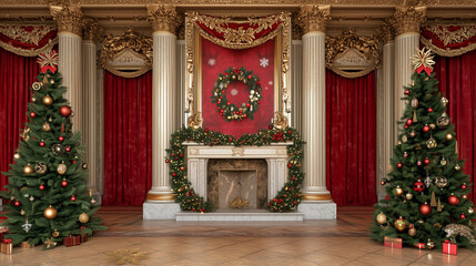 Fototapeta premium Two decorated Christmas trees stand in a grand, ornate room with a fireplace..