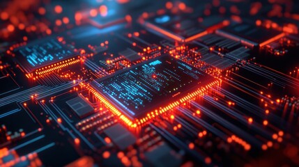 Obraz premium High-tech circuit board with glowing processor.