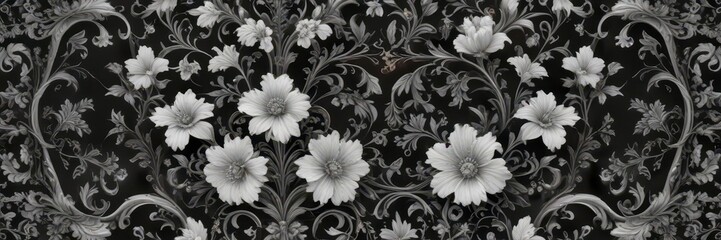 Classic black and white floral ornament with scrollwork and intricate design elements ,  filigree patterns,  calligraphic design,  baroque architecture