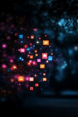 Creative online marketing concept with floating icons and holographic shapes, 