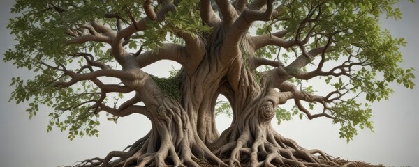 Close-up of intertwined family tree branches with roots and leaves ,  connected,  nature,  organic