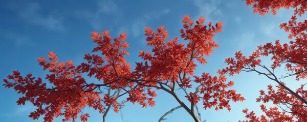 Colorful autumn branches with vibrant red leaves against a bright blue sky, autumn branch,  outdoor,  leafy branches