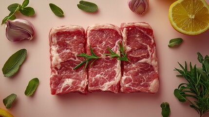Fresh meat cuts with herbs and citrus on a pastel background.