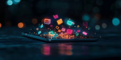Fototapeta premium Online marketing concept with floating marketing icons and glowing lines, 