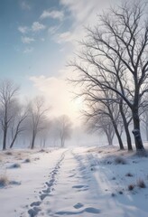 Delicate snowflake border surrounding a serene winter landscape, with bare trees and frosty sky ,  frosty sky,  bare trees,  peaceful