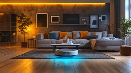 Modern living room interior with a robotic vacuum cleaner.