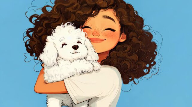 A charming illustration of a brunette woman with medium brown hair cuddling her fluffy puppy in a vibrant outdoor scene.