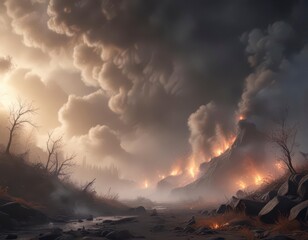 Fototapeta premium Dense foggy atmosphere with wispy smoke tendrils and faint embers , embers, fantasy, flames