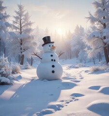 Obraz premium Frosty landscape with snowman enjoying winter scenery, peaceful atmosphere, frosty scene, frozen forest