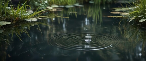 Fototapeta premium Gentle ripples on a still pond with a single clear water drop, still, droplet, drip