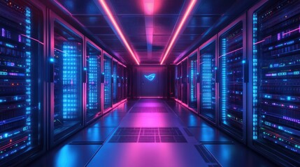 Fototapeta premium Futuristic server room with neon lighting.