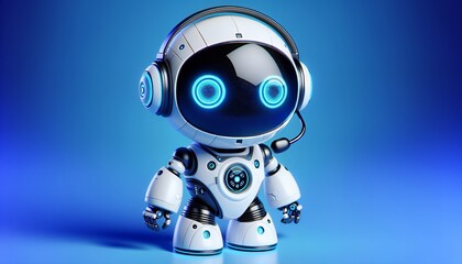 Minimalist AI robot with a headset providing technical support on a pink background.
