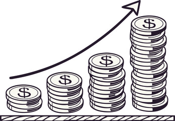 Accurate piles of coins growing up vector illustration.