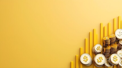 A vibrant illustration featuring golden coins stacked on a bright yellow background, symbolizing financial growth and prosperity with upward trend indicators.