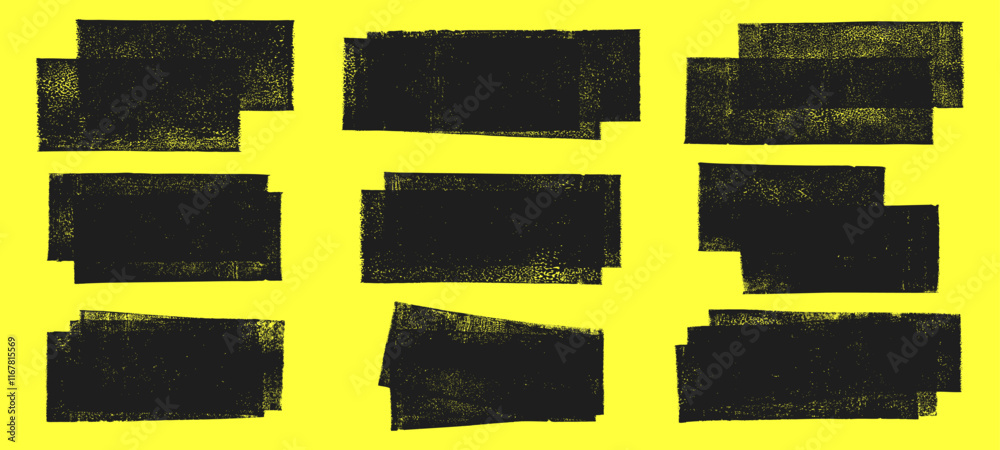 Fototapete linocut, relief printing layered rectangles grungy textures vector set. artistic linocutting text bo