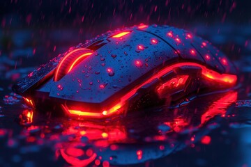 A gaming mouse glows with vibrant red lights while sitting in rain puddles at night. Generative AI