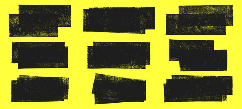 Linocut, relief printing layered rectangles grungy textures vector set. Artistic linocutting text boxes, backgrounds, uneven geometric edge. Paint roller stains collection, textured lino ink remains