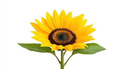 A vibrant sunflower with green leaves on a white background.