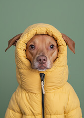A Portrait of a Dof in a Yellow Puffa Jacket Against a Green Background