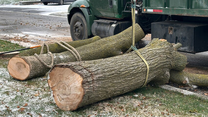 Tree removal, large tree logs loaded onto truck on winter street