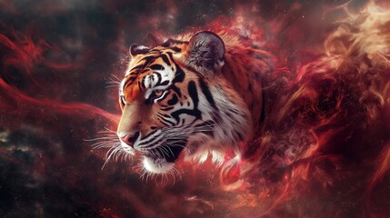 A tiger is shown in a red background with a glowing effect