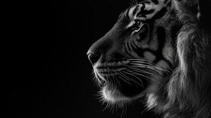 A tiger's face is shown in black and white