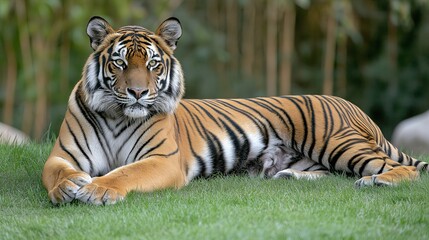 Obraz premium A tiger is laying on the grass in a zoo enclosure