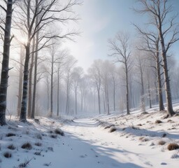 Fototapeta premium Snowy forest landscape with bare trees and frosty air , bare trees, snow, woods