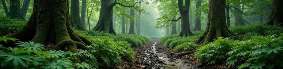 Obraz premium Muddy forest landscape with old growth trees and overgrown ferns, forest, vegetation, nature