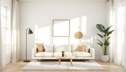 scandinavian living room with frame mockup, light beige sofa, round coffee table, soft rug, potted monstera, sunlight, neutral tones, cozy and minimalist design