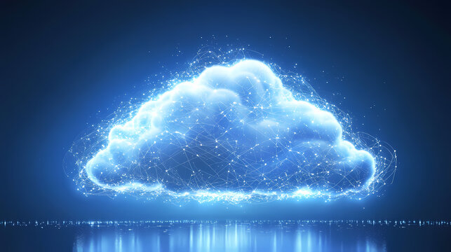 Illustration of cloud computing network with interconnected clouds and glowing lines on a blue background. Clouded. Illustration
