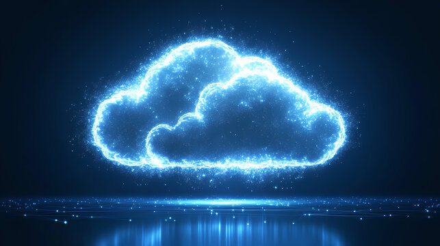 Illustration of cloud computing network with interconnected clouds and glowing lines on a blue background. Clouded. Illustration