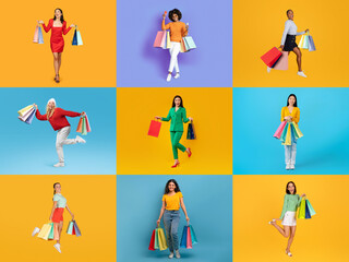 A lively collection of people of different backgrounds joyfully holding shopping bags, celebrating their purchases during a vibrant Black Friday sale. The bright colors create an energetic atmosphere.
