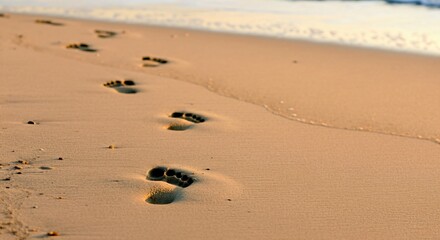 A serene beach scene with footprints in the sand leading to the calm waves