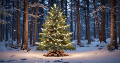 Fototapeta premium Snowy evergreen forest with twinkling lights and festive ornaments on a wooden tree, ornaments, Christmas decorations,