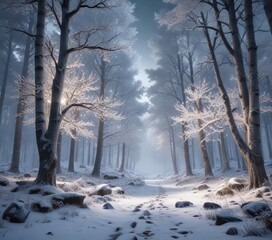 Snowy forest landscape with twinkling lights and frosty trees,  snow covered ground, ,  winter wonderland