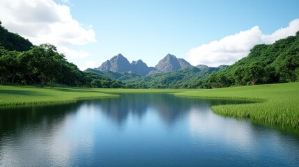 Serene landscape with mountains, lake, and lush greenery.