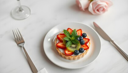 Elegant dessert plate, fresh fruit tart, colorful berries, sliced strawberries, blueberries, green mint leaves, white ceramic dish, polished silverware, soft pink rose, crystal wine glass