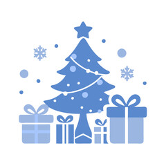 Blue-themed illustration of a decorated Christmas tree with gift boxes and snowflakes
