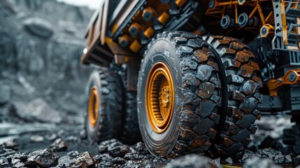 Close-up of large mining truck tires on rocky terrain.