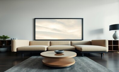 Round accent coffee table near beige sofa against wall with frame minimalist interior design of modern living room Japandi interior design interior design japandi style modern