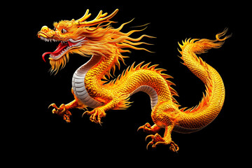 Fototapeta premium 3D Golden Dragon in Dynamic Pose with Flowing Flames and Detailed Textures in Dark Background