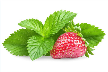 Fresh Strawberry with Green Leaves on a White Background for Culinary or Food Photography