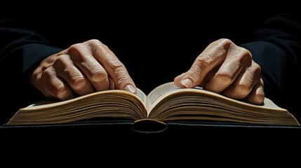 Hands reading antique book in dark. generative ai