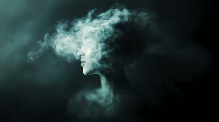 A blurred image of a human silhouette, engulfed in soft, abstract shapes, representing a mind clouded by confusion, the stark black background emphasizing the feeling of solitud. Clouded. Illustration
