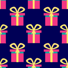 Colorful gift box pattern with bows on a dark background, perfect for festive design