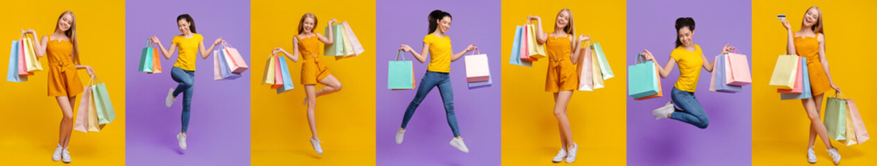 A cheerful group of people enjoying a shopping spree filled with discounts and special offers. Each...