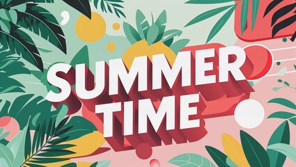 A vibrant jungle-inspired "Summer time" vacations background layout featuring lush tropical plants, palm leaves, exotic flowers, and a serene natural atmosphere