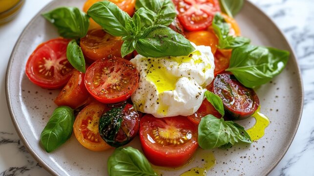 Caprese salad with fresh burrata cheese and colorful tomato slice